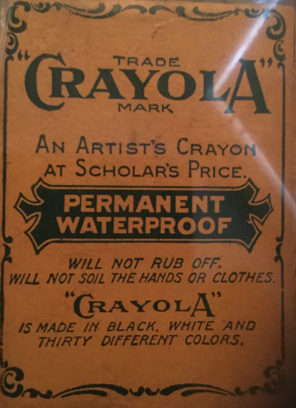 An early 1900s box of six Crayola crayons, flip-top style, from the brand's first years