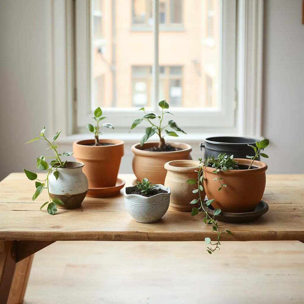 Assorted vintage terracotta and ceramic planters with small leafy plants on a wooden table in soft daylight