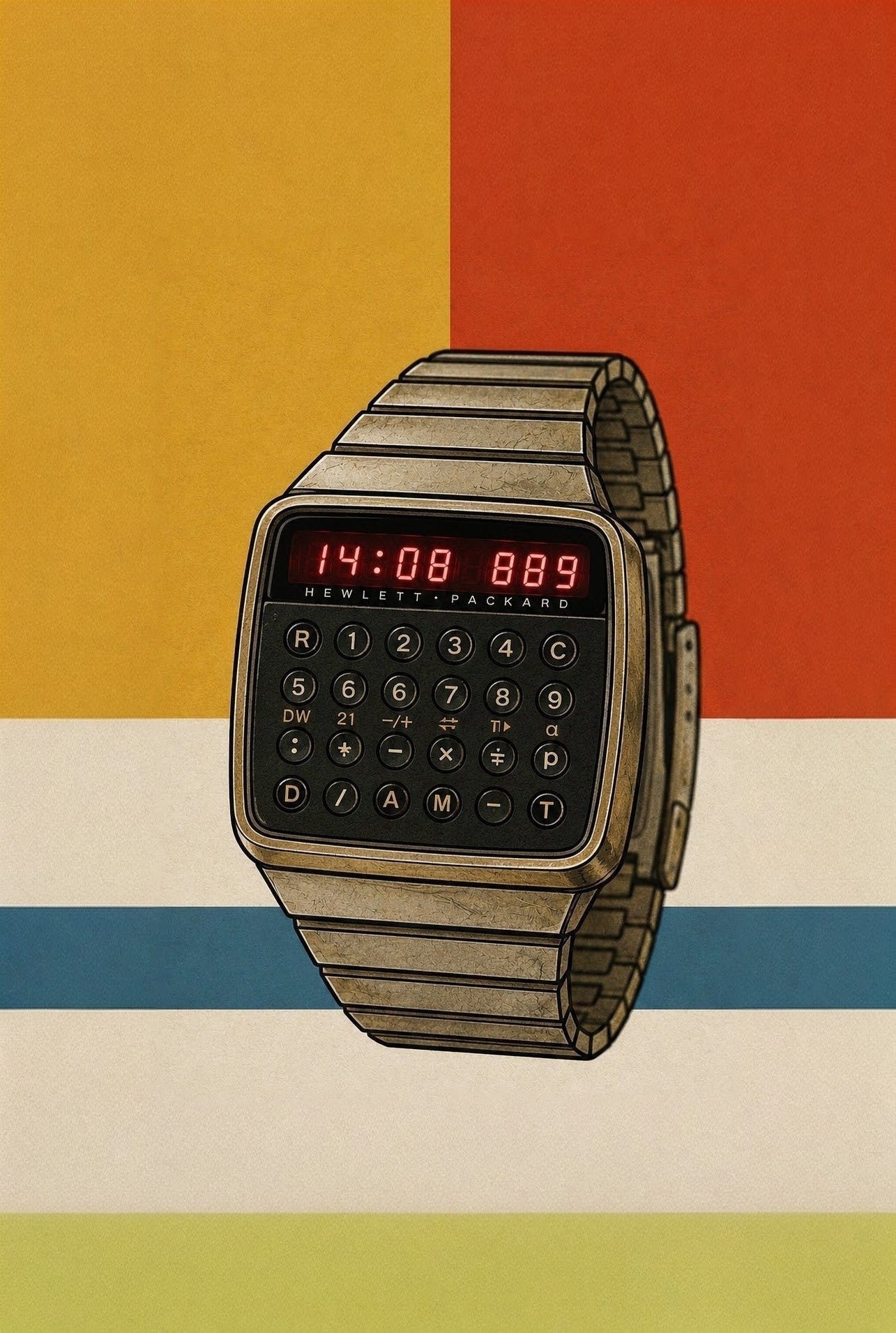 Hewlett-Packard HP-01 calculator watch from 1977 with a red LED display and 28-key keypad on a steel bracelet.