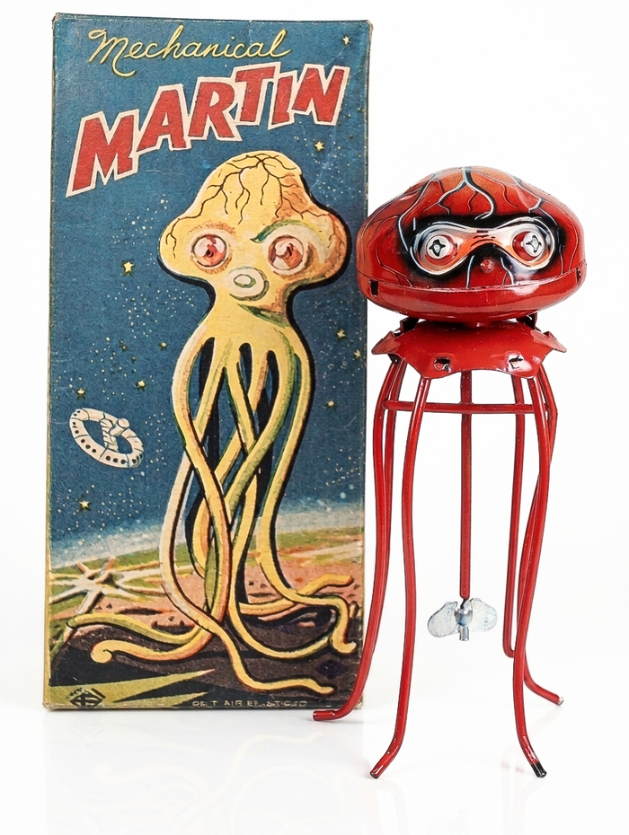 A Mechanical Martin wind-up Martian with its original tall, narrow box, from the author's collection