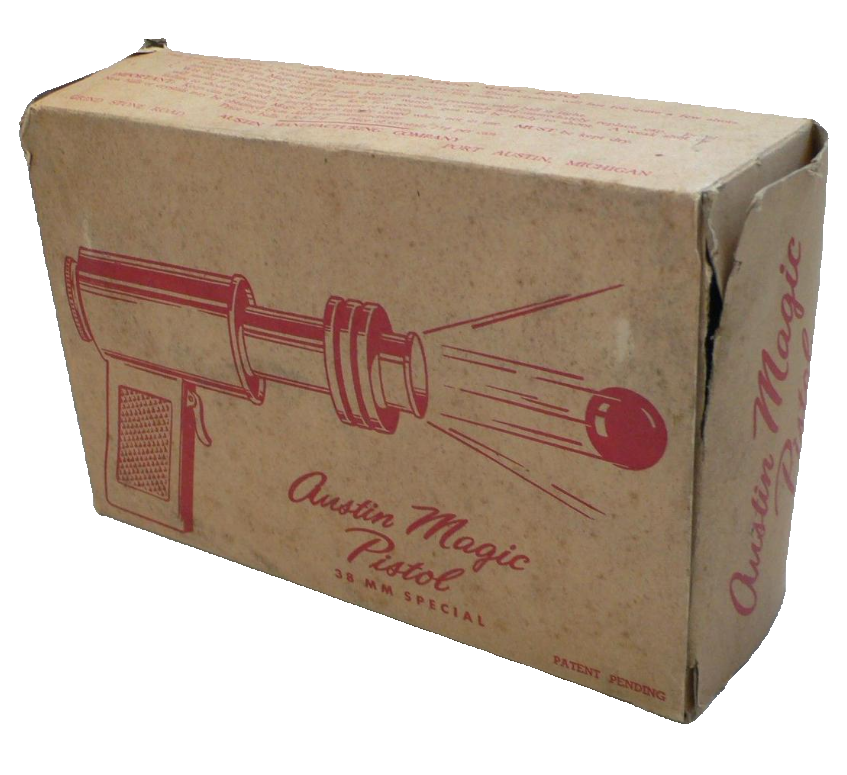The box for a vintage Austin Magic Pistol, showing its raygun graphic and PATENT PENDING mark