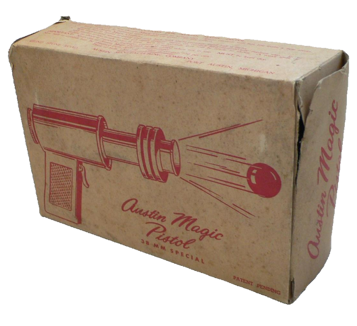 The box for a vintage Austin Magic Pistol, showing its raygun graphic and PATENT PENDING mark