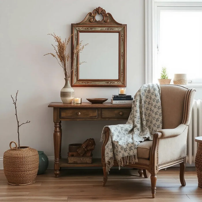 Vintage living room with an antique console table, distressed mirror, warm lighting, and neutral decor accents
