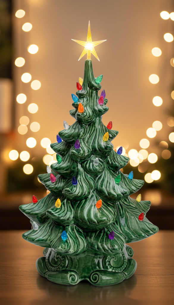 Green glazed vintage ceramic Christmas tree with multicolor plastic peg lights and a yellow star topper, on a wooden side table