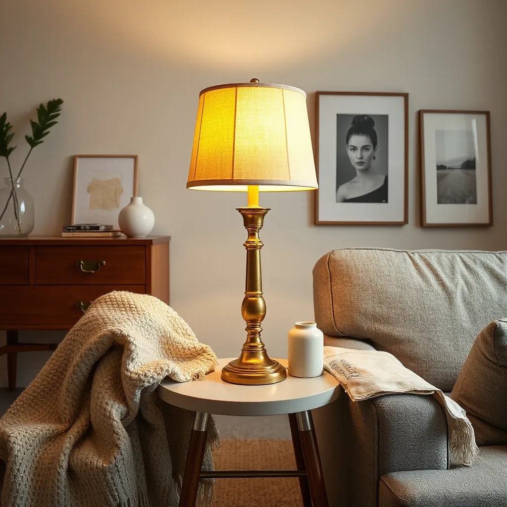 Brass retro table lamp casting warm amber light in a cozy vintage living room