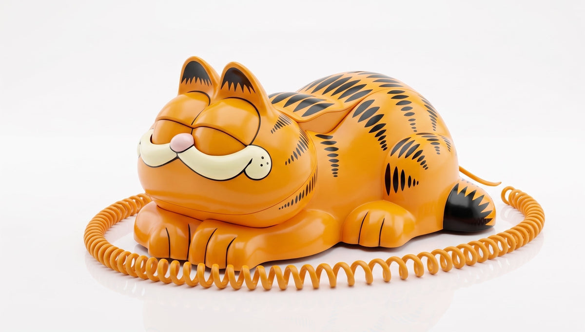 Vintage Tyco Garfield telephone, eyes closed, handset resting on the cat's back
