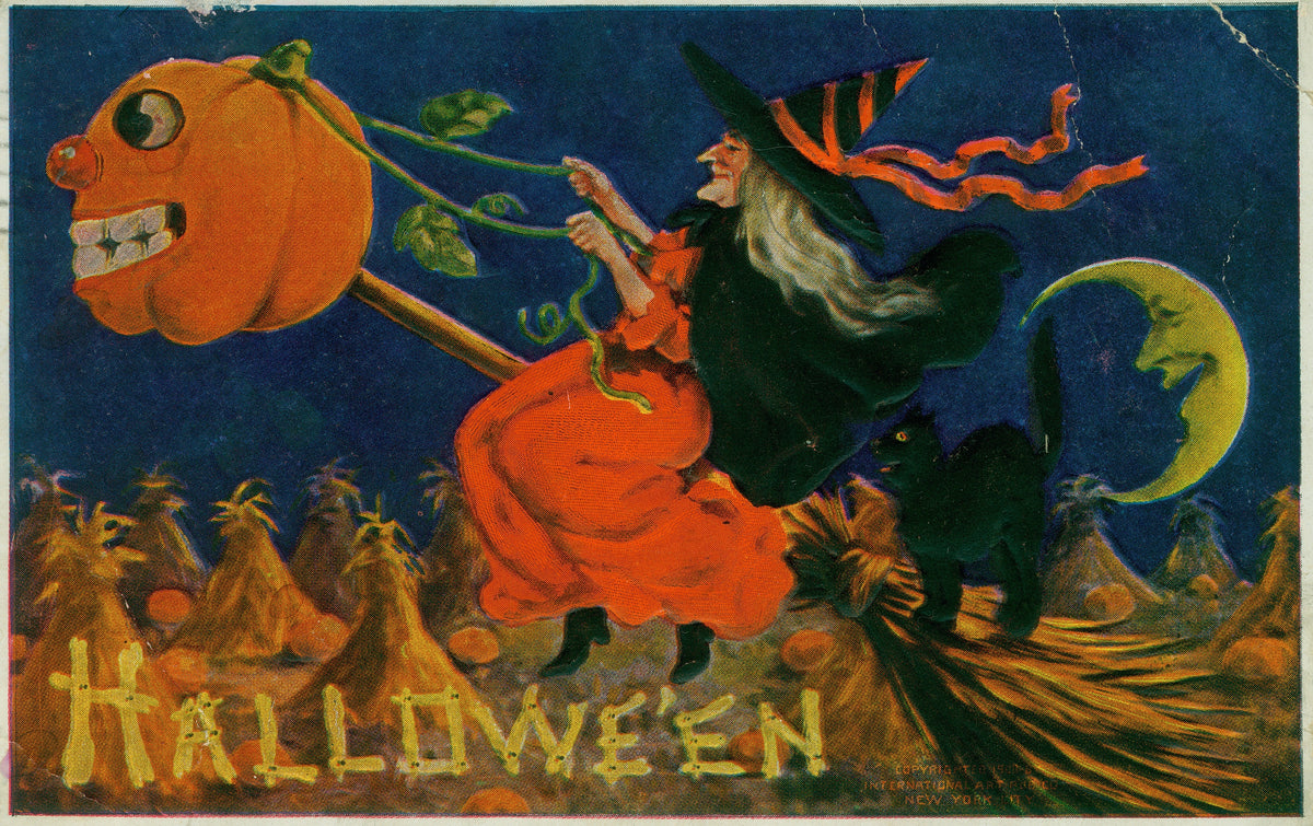 Early 1900s Halloween postcard showing a witch riding a broomstick pulled by a jack-o-lantern, with a black cat