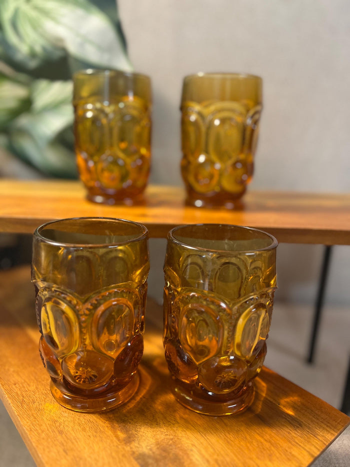Set of L.E. Smith Moon and Stars amber pressed glass tumblers
