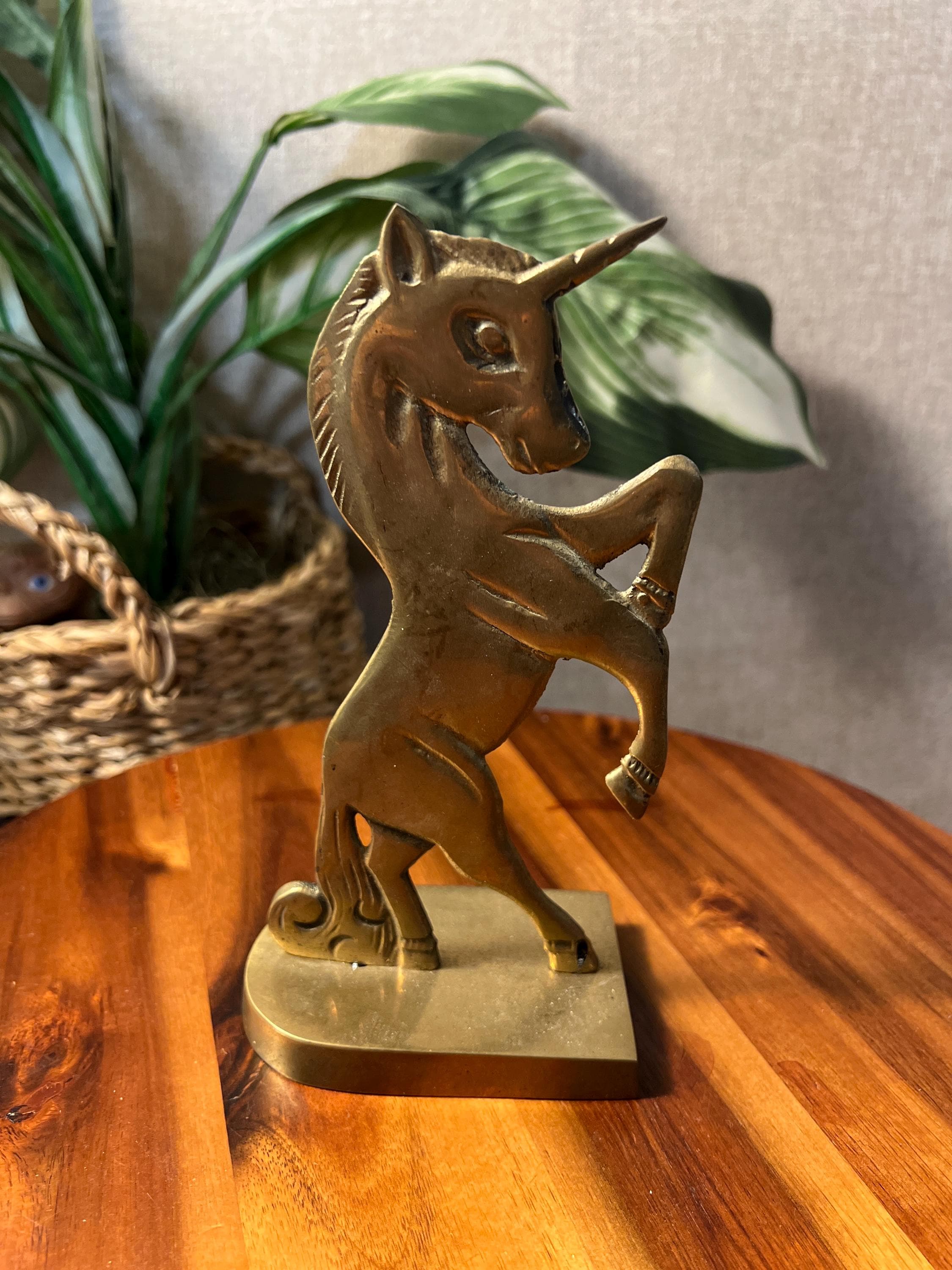 Vintage solid brass unicorn figurine with aged patina