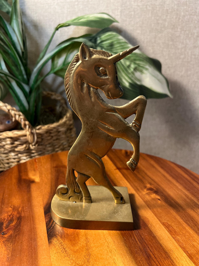 Vintage solid brass unicorn figurine with aged patina