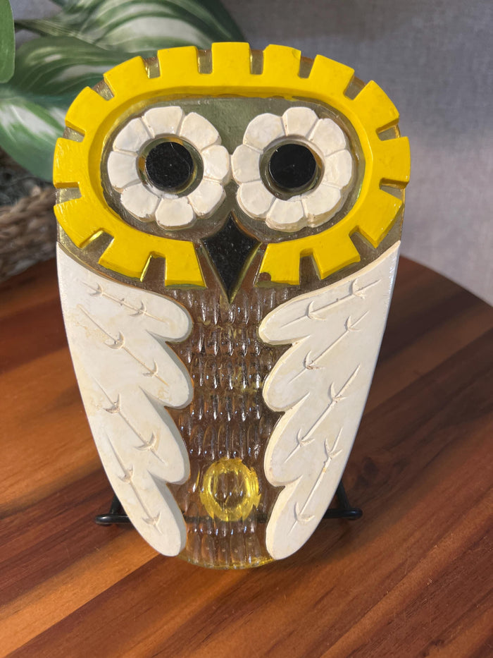 Vintage yellow Lucite owl trivet and spoon rest, mid-century modern cast acrylic