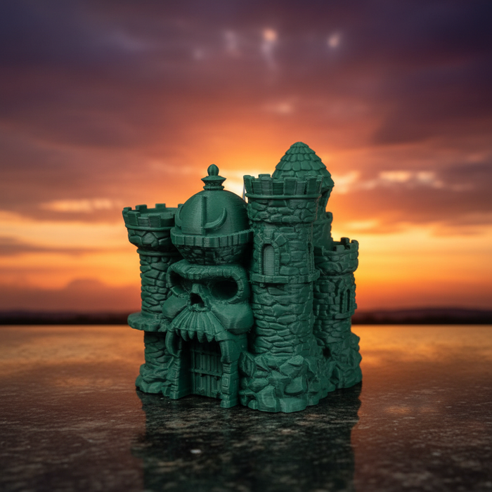 3D printed Castle Grayskull inspired desk organizer with dramatic sunset background