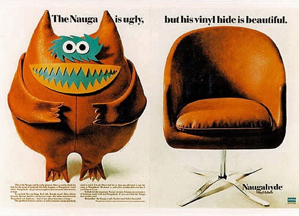 1967 Naugahyde advertisement: The Nauga is ugly, but his vinyl hide is beautiful