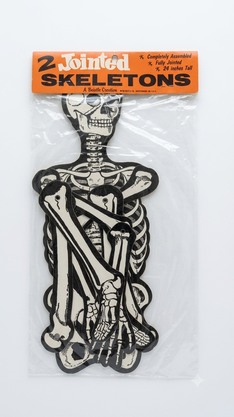 Two jointed Beistle skeleton die-cuts sealed in the original cellophane bag with an orange header card reading A Beistle Creation, The Beistle Co., Shippensburg, Pa.