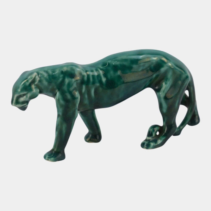 Rookwood stalking panther paperweight, shape 2563, dated 1946, in a glossy green glaze