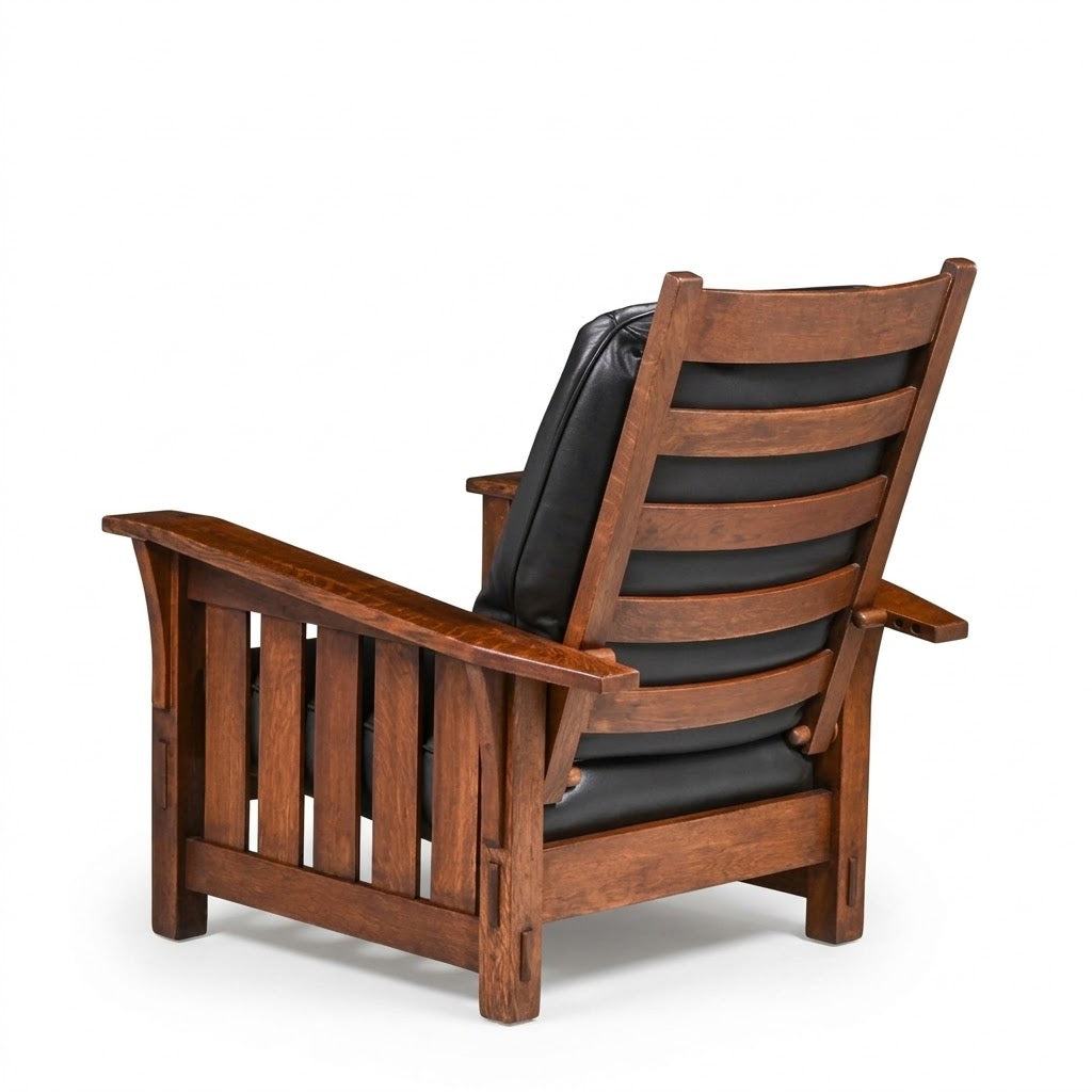 Gustav Stickley oak slatted bent-arm Morris chair, model 369, circa 1905, with adjustable back and slats beneath each arm