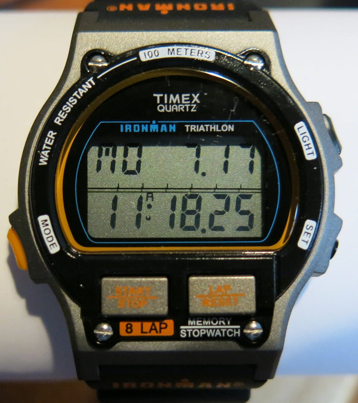 Original Timex Ironman Triathlon watch, first generation. Photo by HuckleCat, CC BY-SA 4.0, via Wikimedia Commons