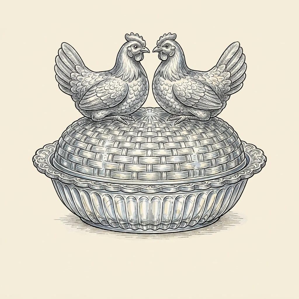Illustration of a two-headed hen on nest design, two hens facing each other on a woven nest lid