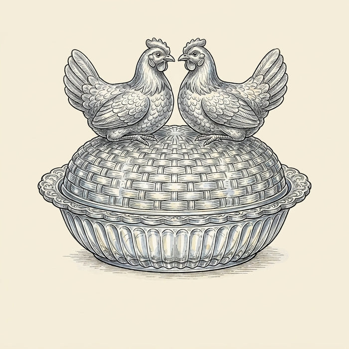 Illustration of a two-headed hen on nest design, two hens facing each other on a woven nest lid