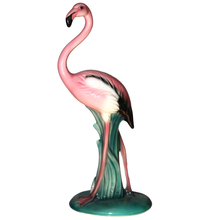 A Will-George porcelain flamingo on a teal reed base, stamped Flamingo Hotel, Las Vegas