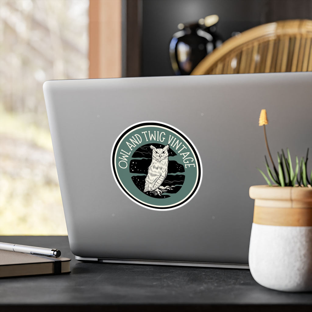 Owl and Twig Vintage Kiss-Cut Vinyl Decal — Retro Owl Logo Sticker for Laptops, Water Bottles & Windows