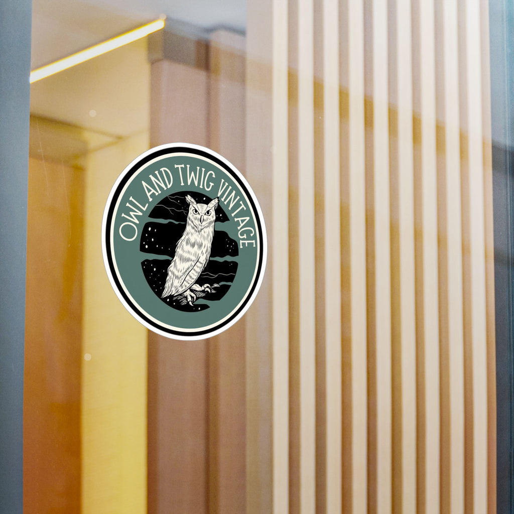 Owl and Twig Vintage Kiss-Cut Vinyl Decal — Retro Owl Logo Sticker for Laptops, Water Bottles & Windows