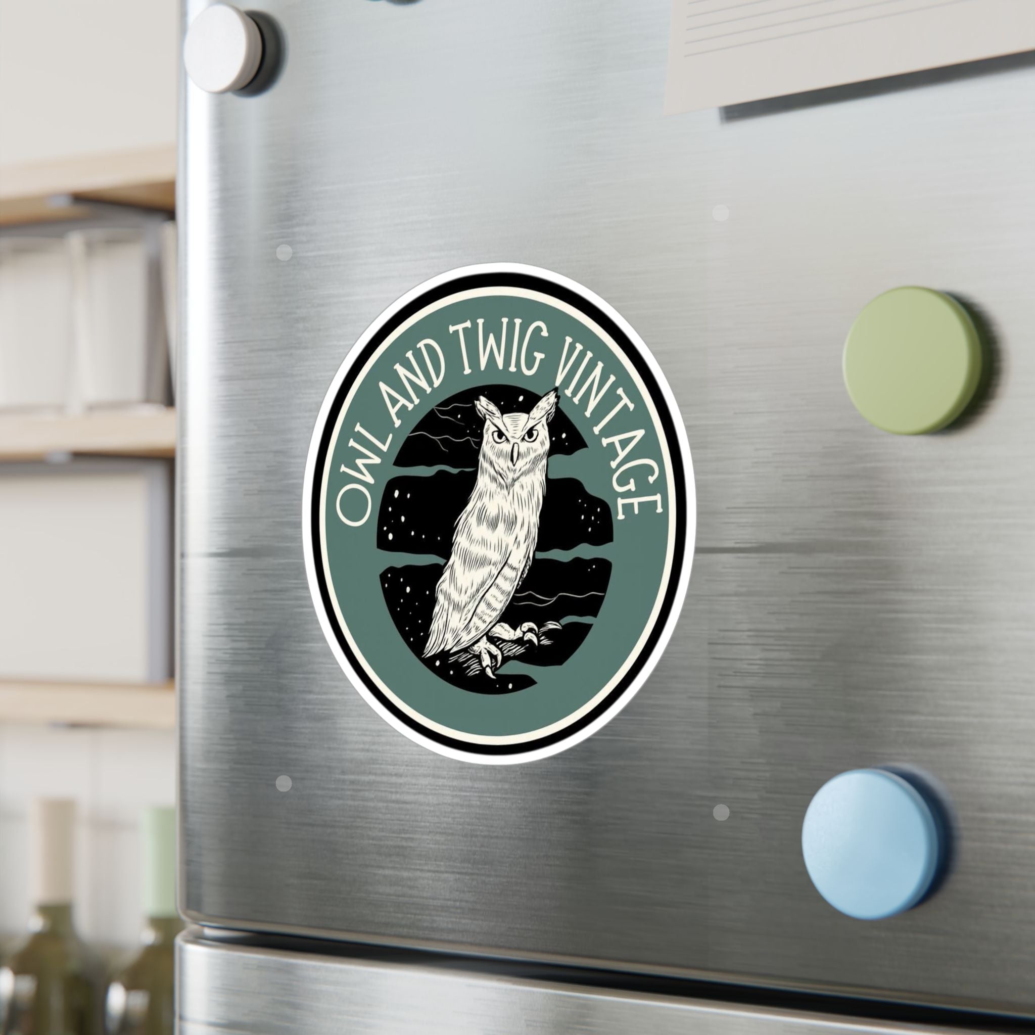 Owl and Twig Vintage Kiss-Cut Vinyl Decal — Retro Owl Logo Sticker for Laptops, Water Bottles & Windows