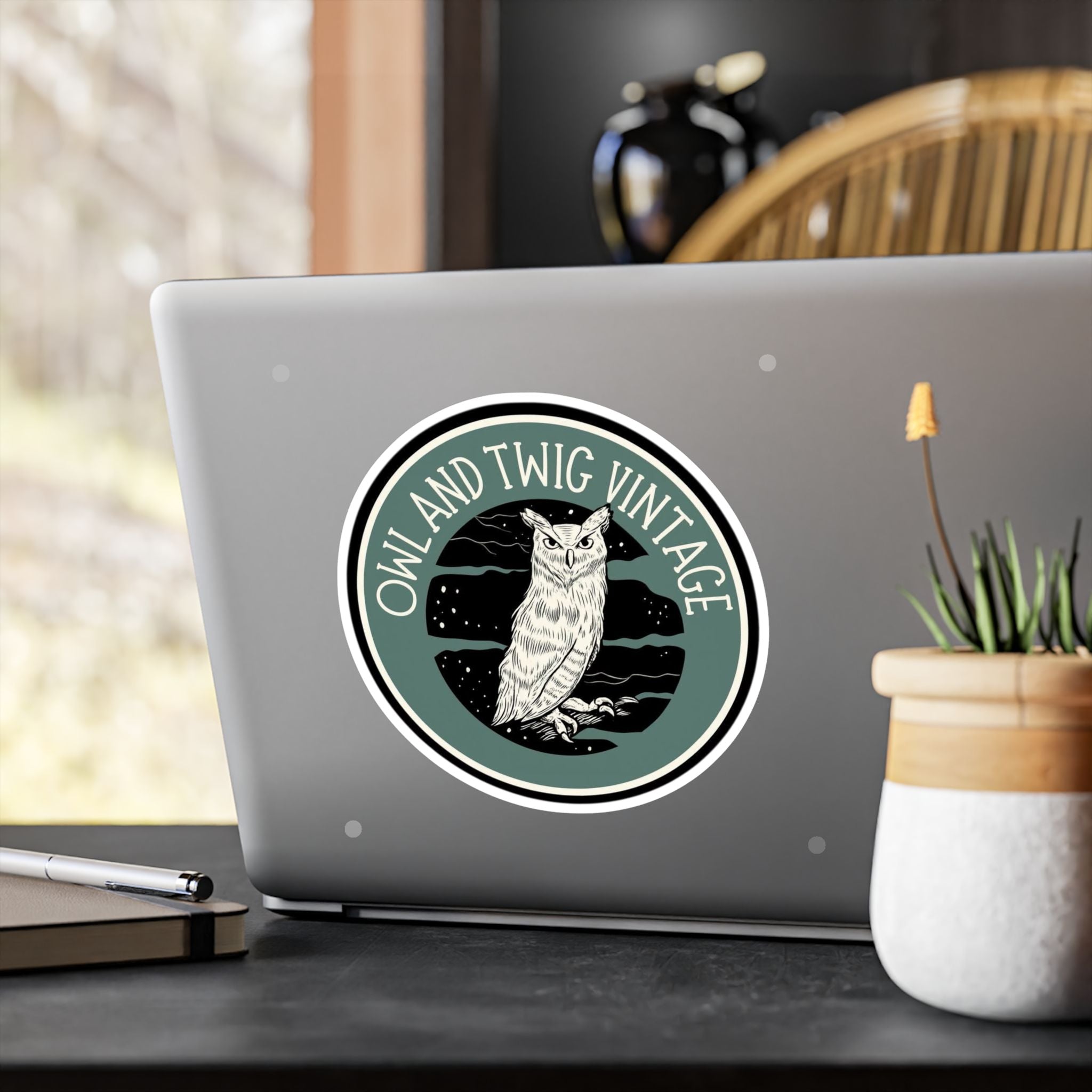 Owl and Twig Vintage Kiss-Cut Vinyl Decal — Retro Owl Logo Sticker for Laptops, Water Bottles & Windows