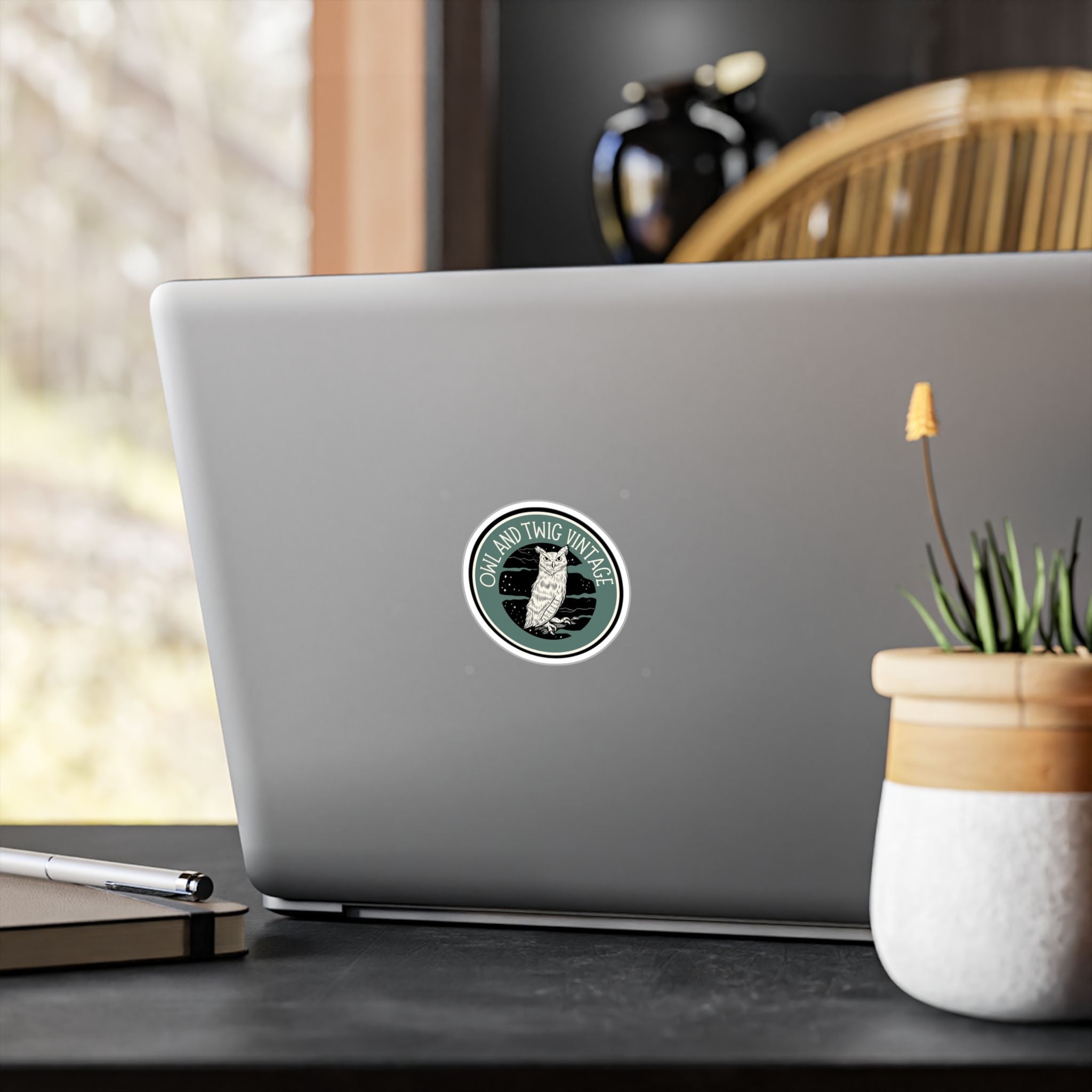 Owl and Twig Vintage Kiss-Cut Vinyl Decal — Retro Owl Logo Sticker for Laptops, Water Bottles & Windows