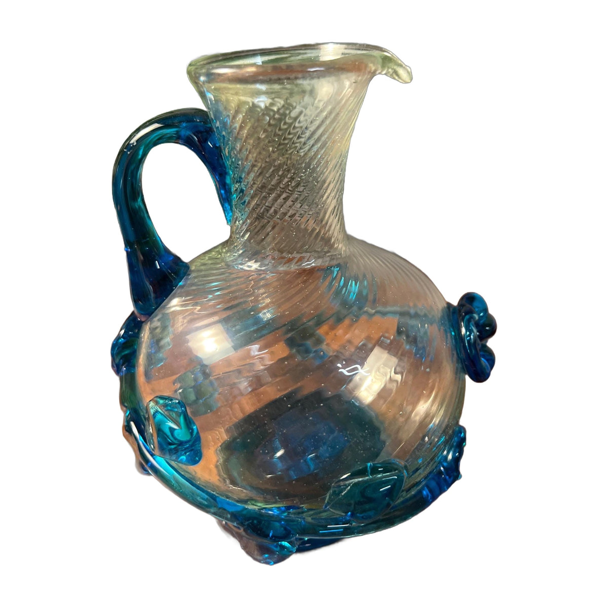 Clear Swirl Glass Hand Blown Pitcher with Blue Appliqué, Round