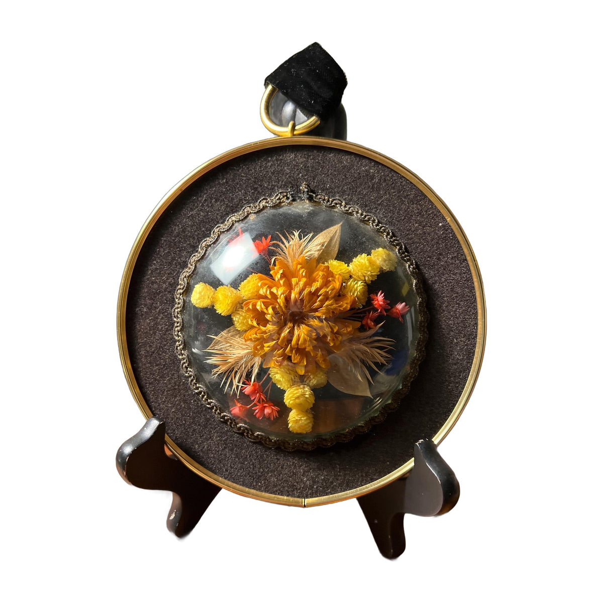Dried Flowers Bouquet In Curved Glass Framed Wall Art Vintage Ribbon Hanger