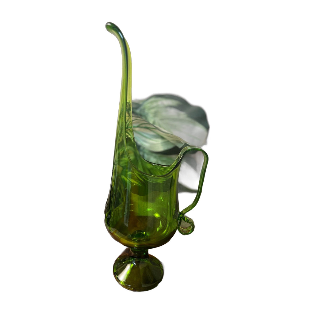 Green LE Smith Pedestal Swung Footed Glass Pitcher Vase MCM