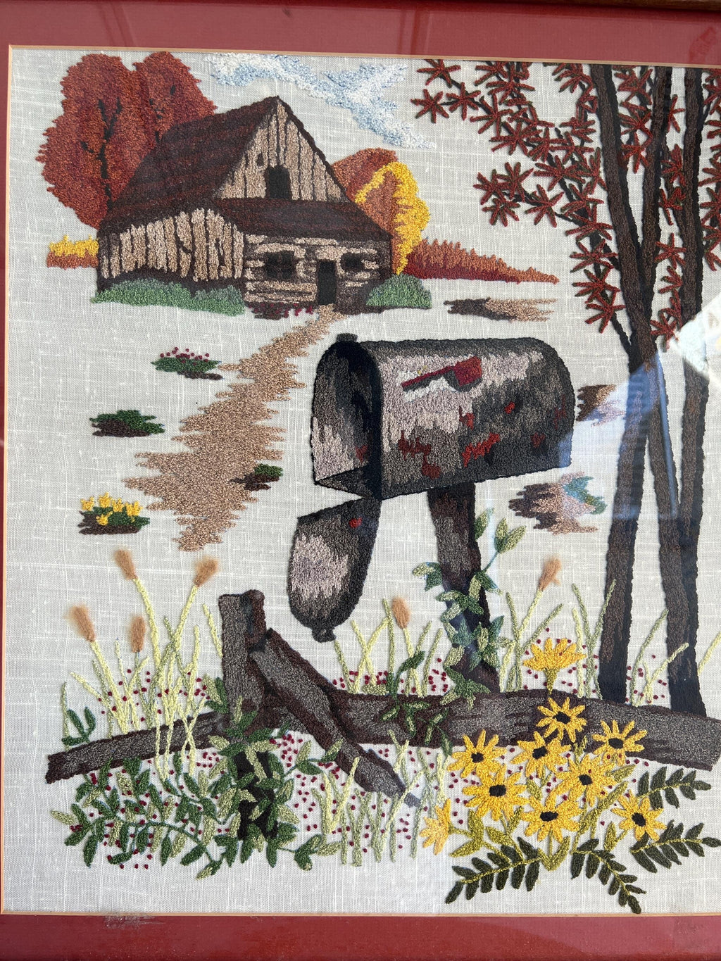 Vintage Framed Crewel Embroidery: 1983 Fall Farm Scene