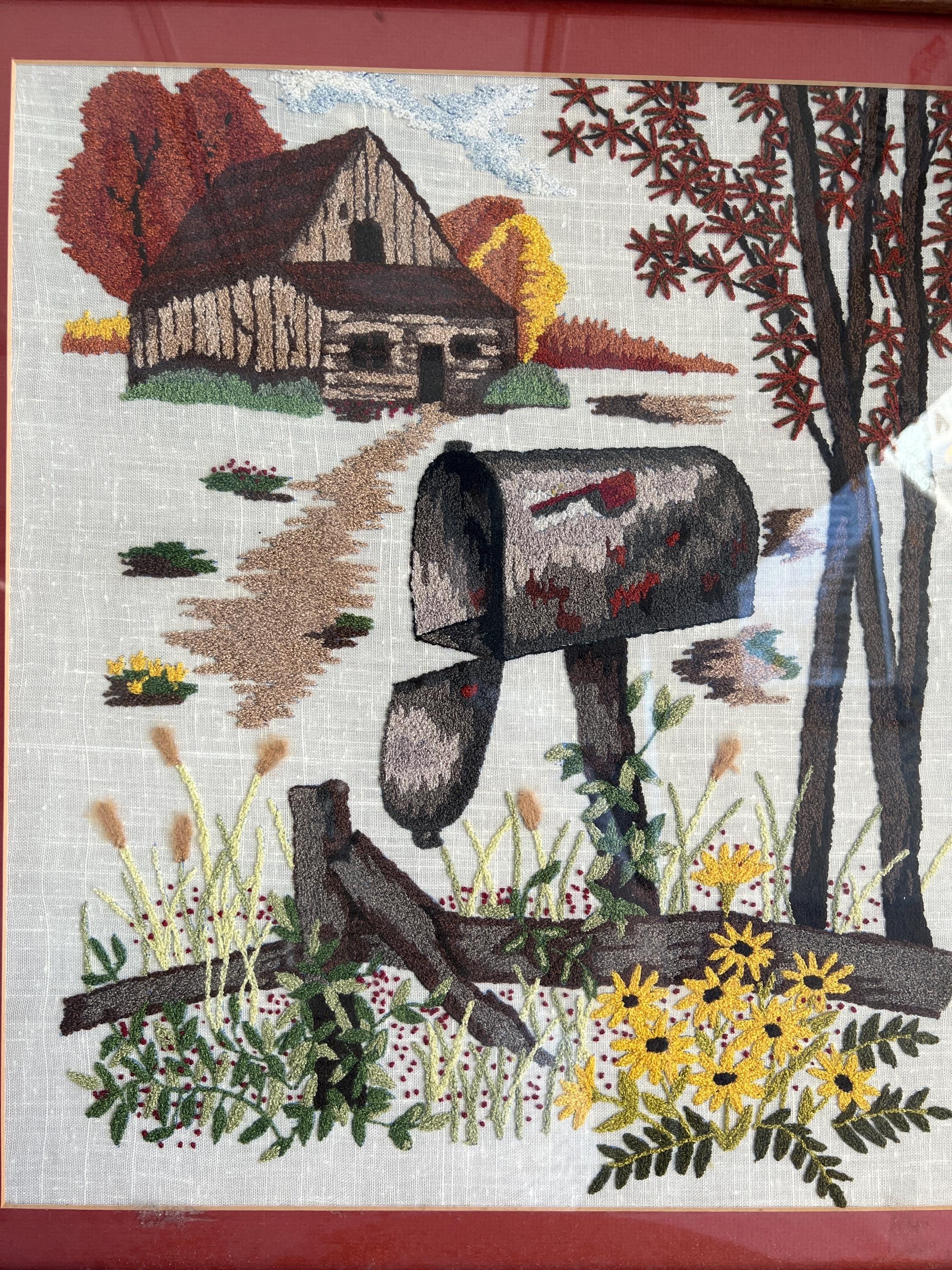 Vintage Framed Crewel Embroidery: 1983 Fall Farm Scene