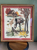 Vintage Framed Crewel Embroidery: 1983 Fall Farm Scene