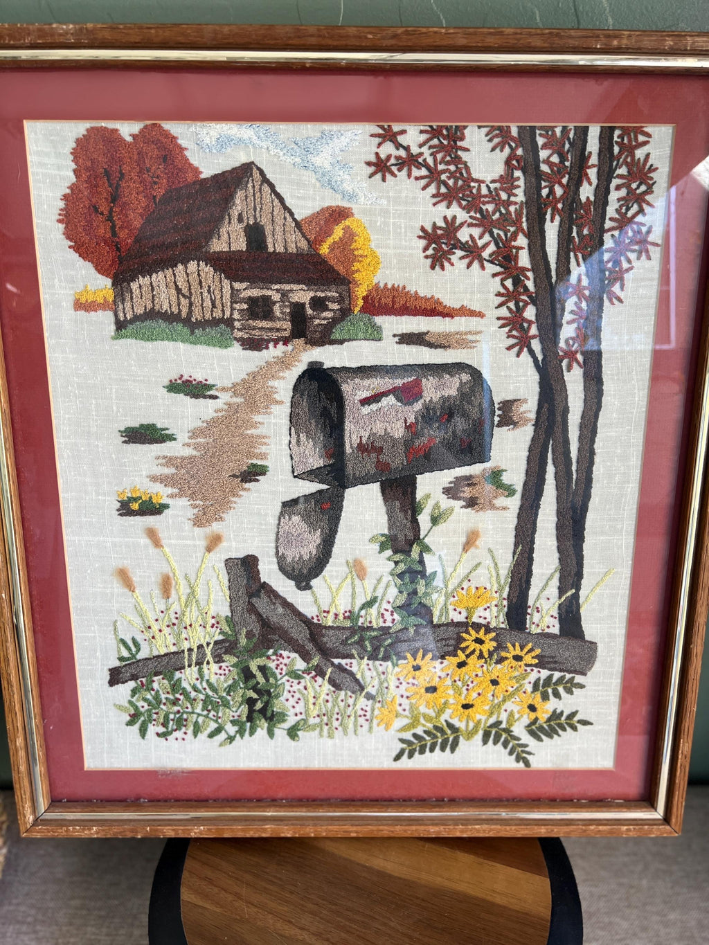 Vintage Framed Crewel Embroidery: 1983 Fall Farm Scene