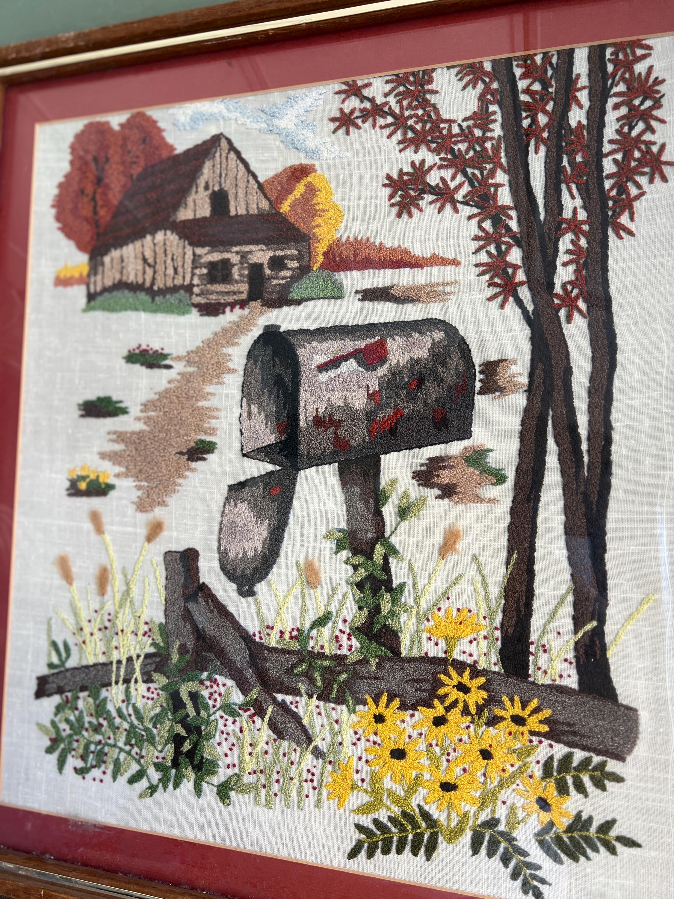 Vintage Framed Crewel Embroidery: 1983 Fall Farm Scene