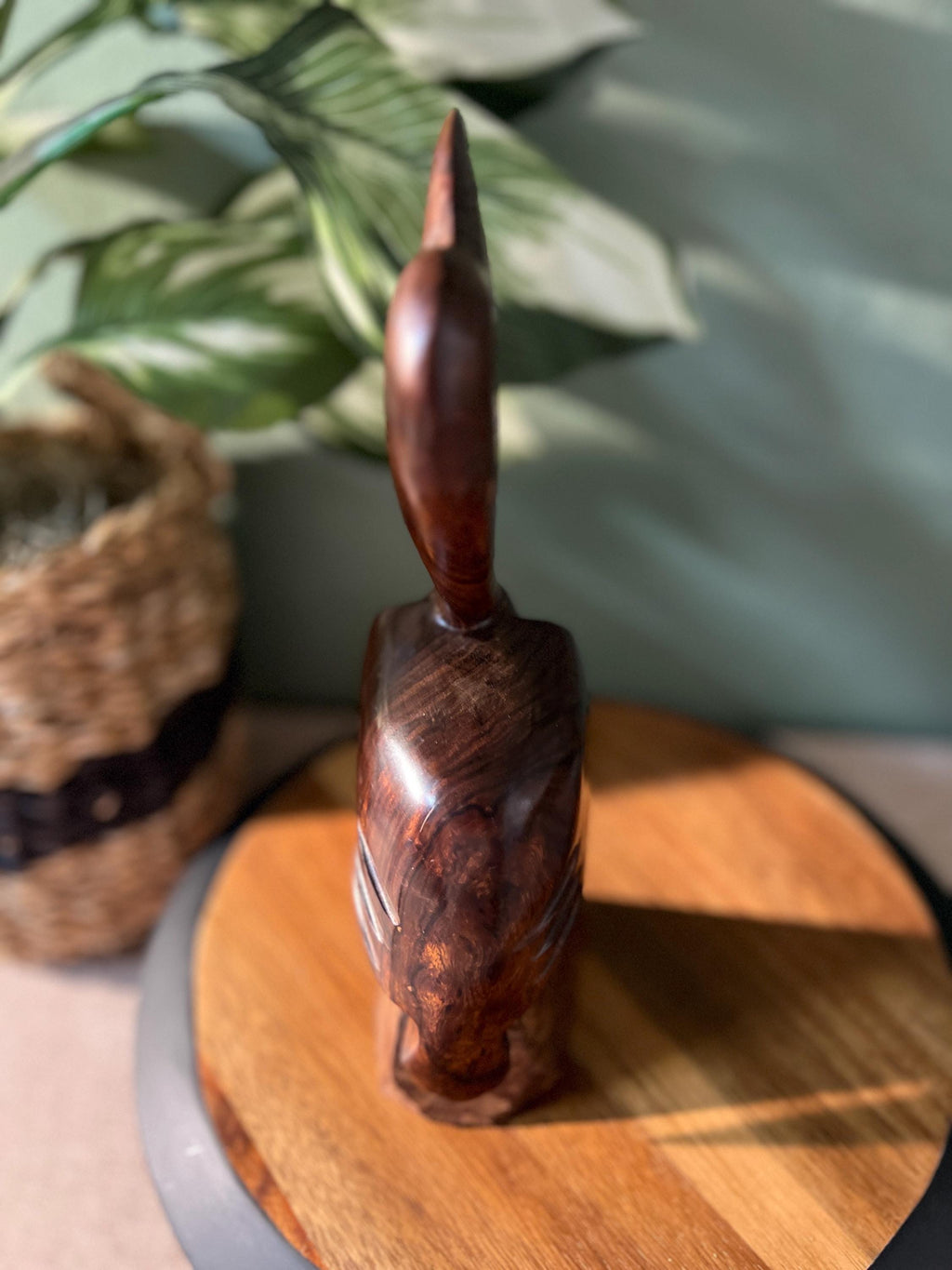 VTG MCM Large Ironwood Pelican Sculpture On Block Wood 10"H Hand Carved Bird