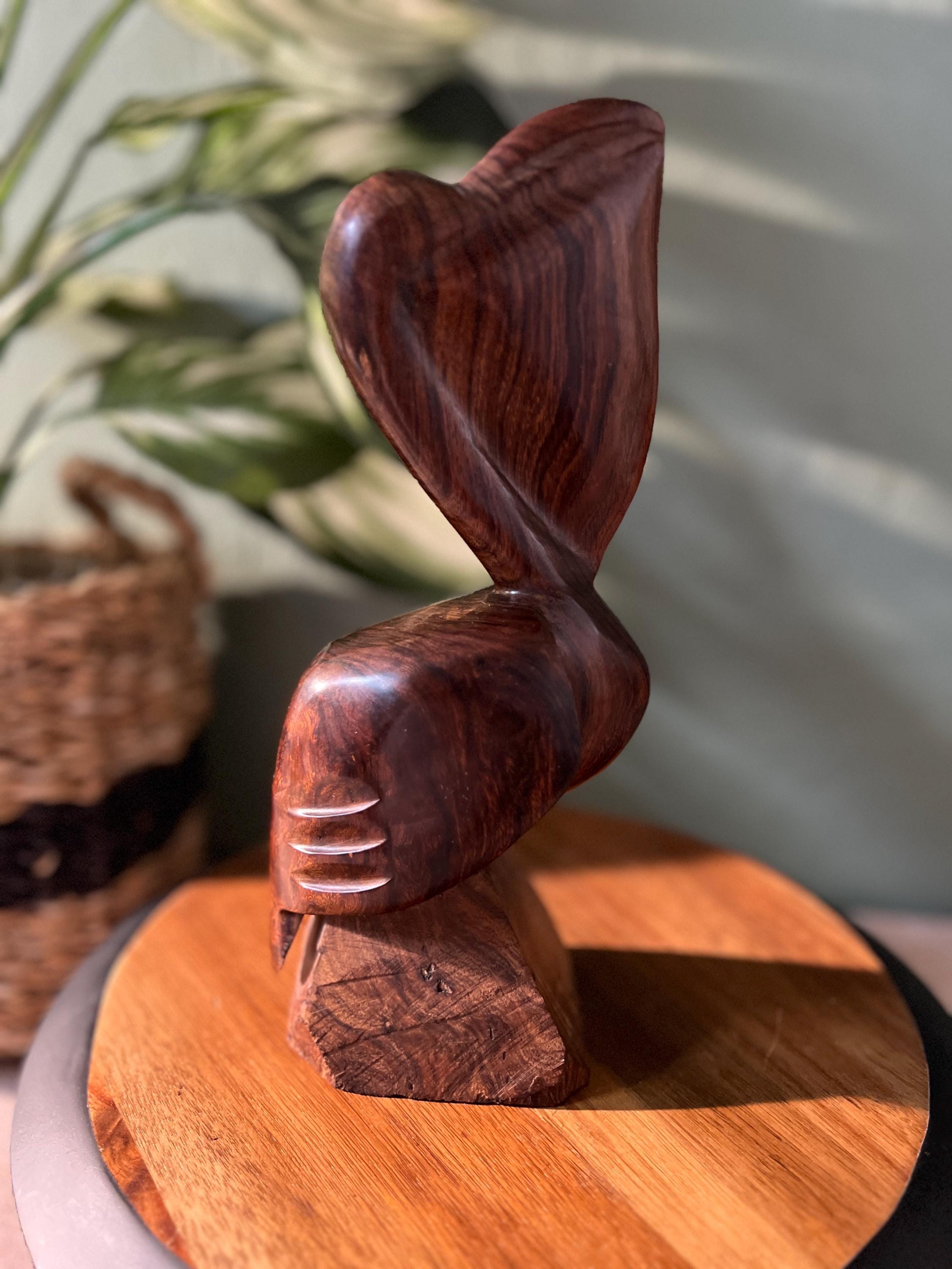 VTG MCM Large Ironwood Pelican Sculpture On Block Wood 10"H Hand Carved Bird