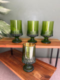 VTG Fostoria Sorrento Green Footed Glass Texture Wine Goblet Heavy Set 4 70s