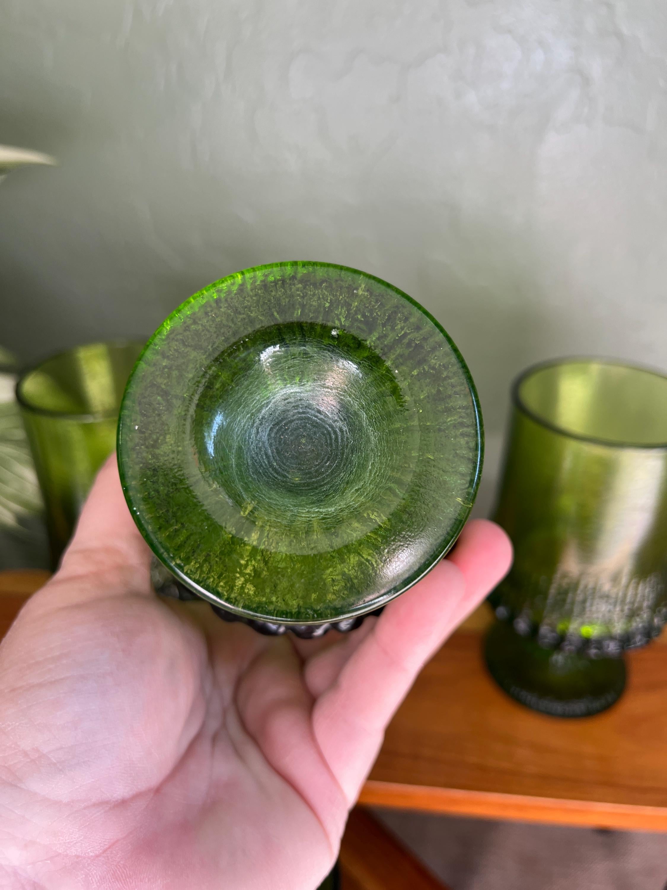 VTG Fostoria Sorrento Green Footed Glass Texture Wine Goblet Heavy Set 4 70s