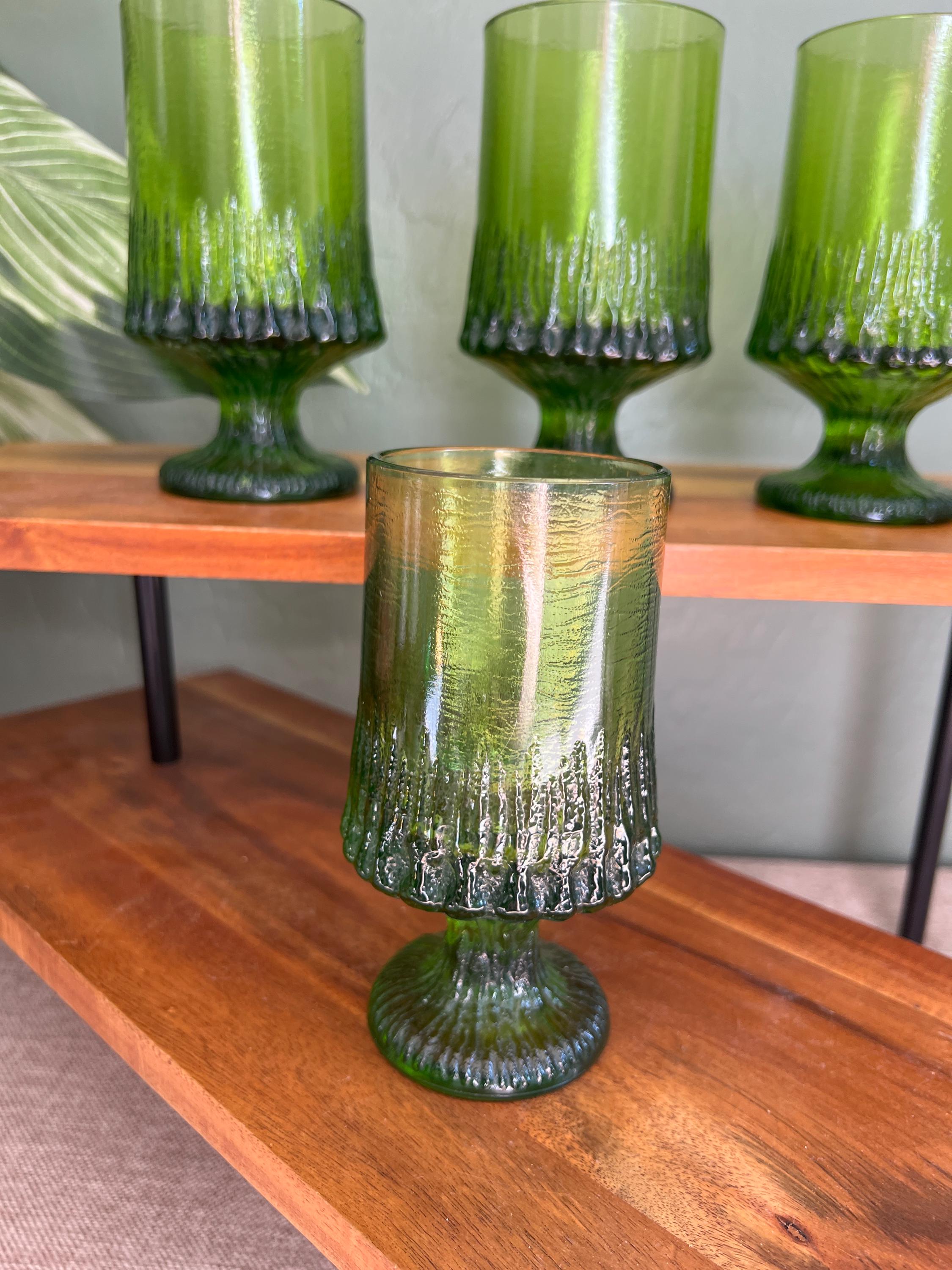 VTG Fostoria Sorrento Green Footed Glass Texture Wine Goblet Heavy Set 4 70s