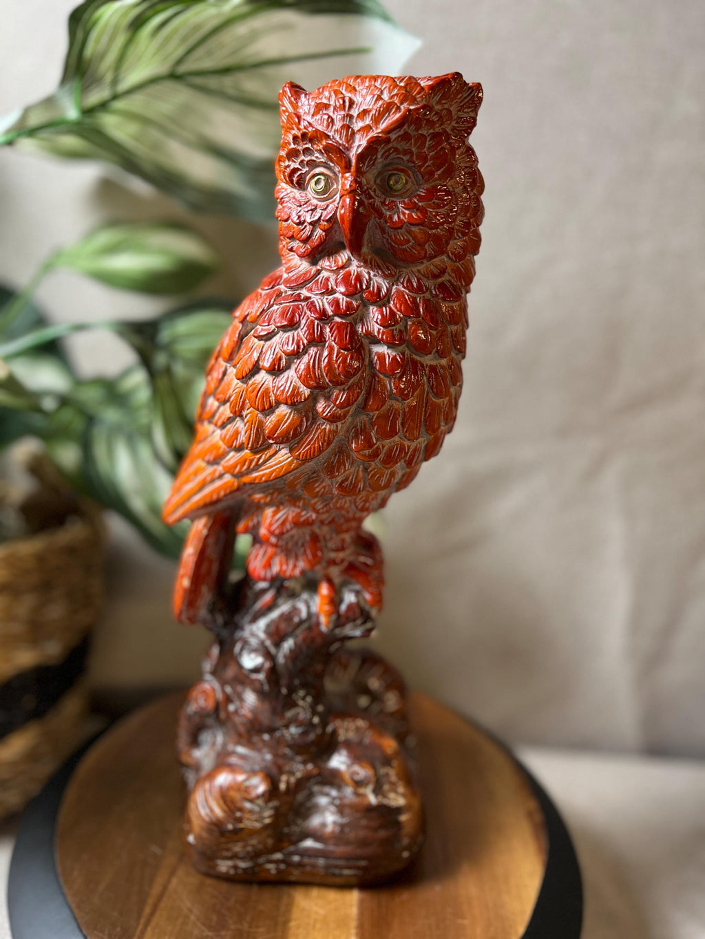 Vintage Resin/ceramic Owl Statue on a Log on Base