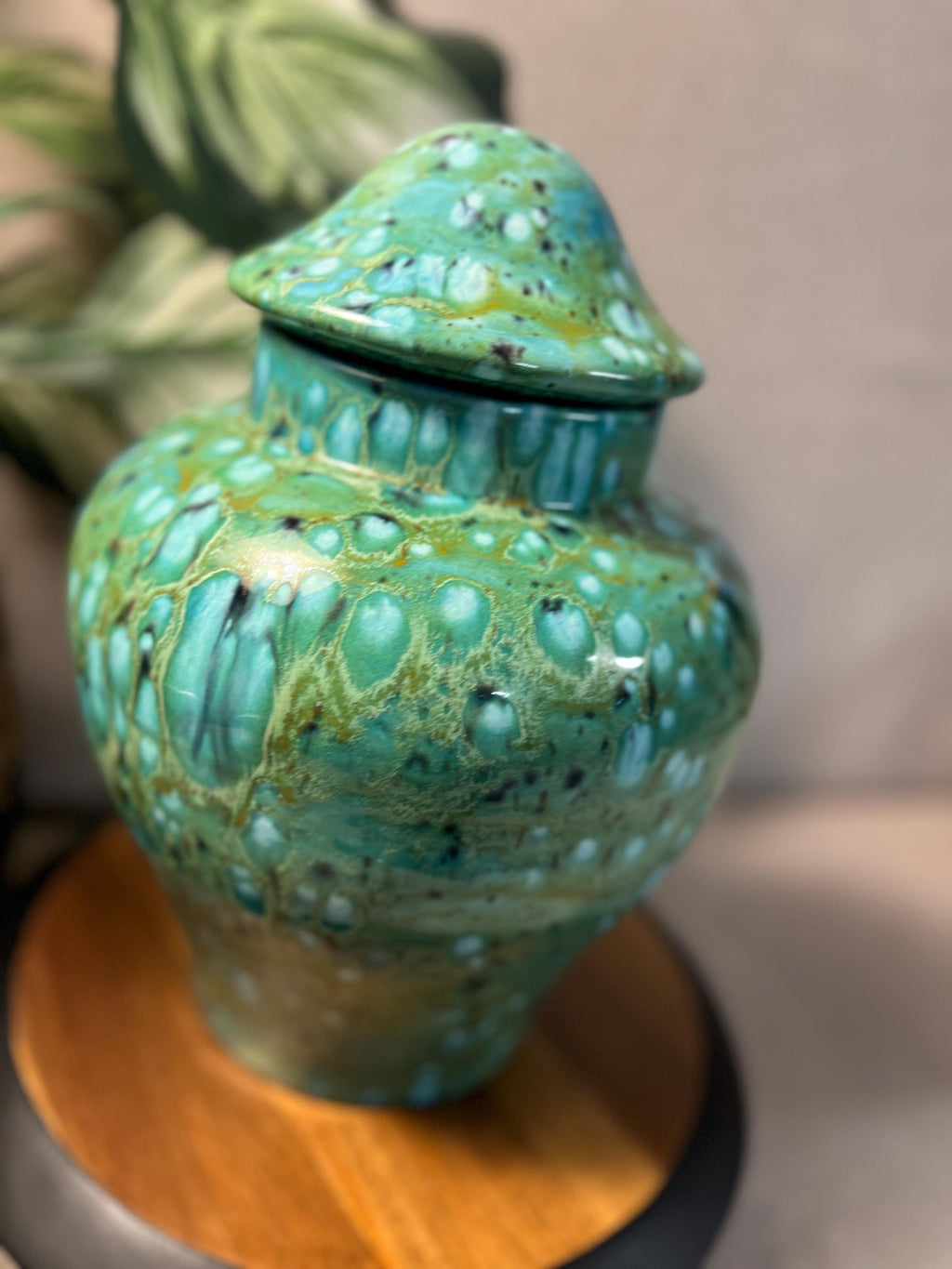 Hand painted by Virginia 1975 signed Green Aqua Vase Jar with Mushroom lid
