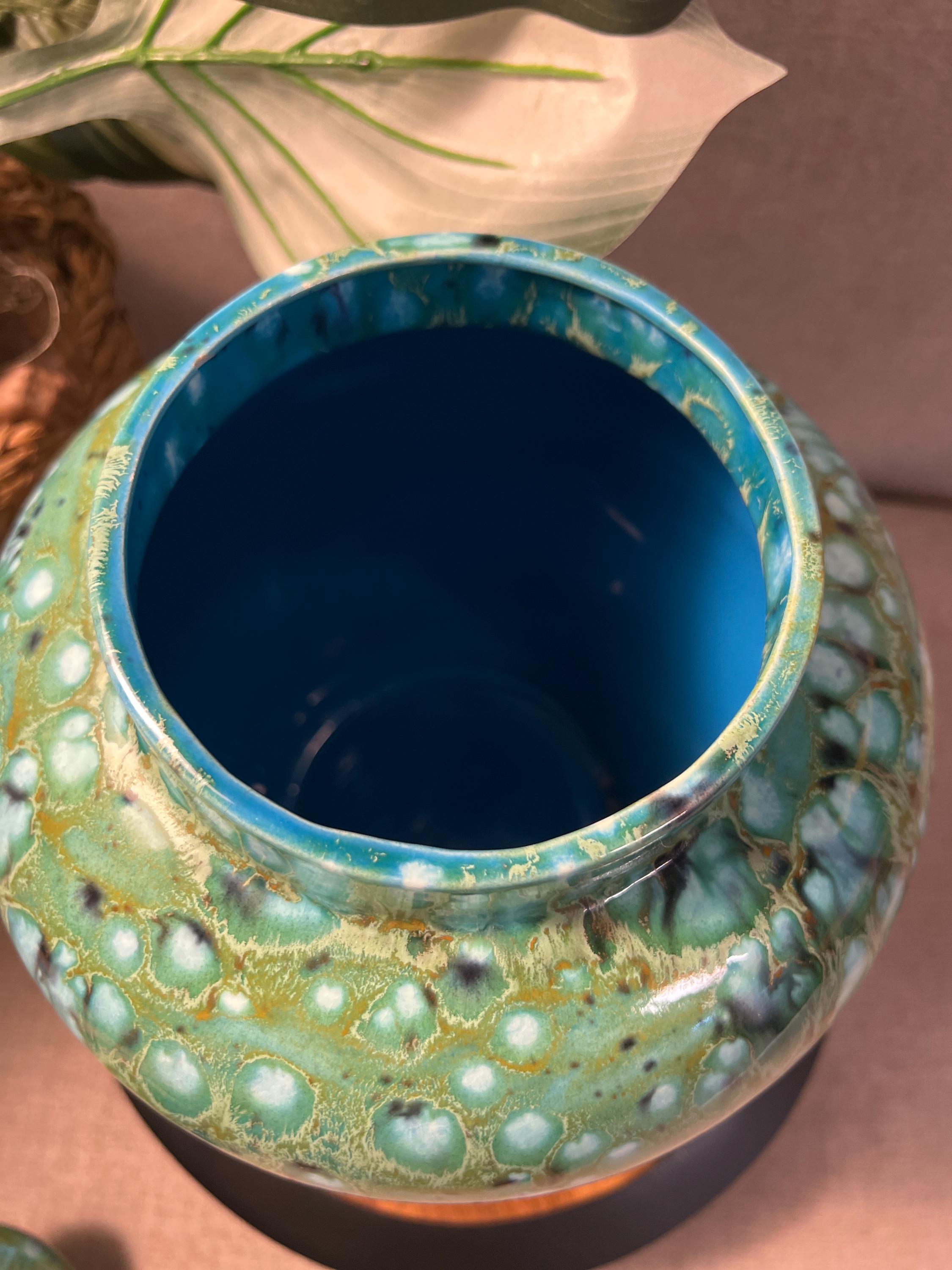 Hand painted by Virginia 1975 signed Green Aqua Vase Jar with Mushroom lid