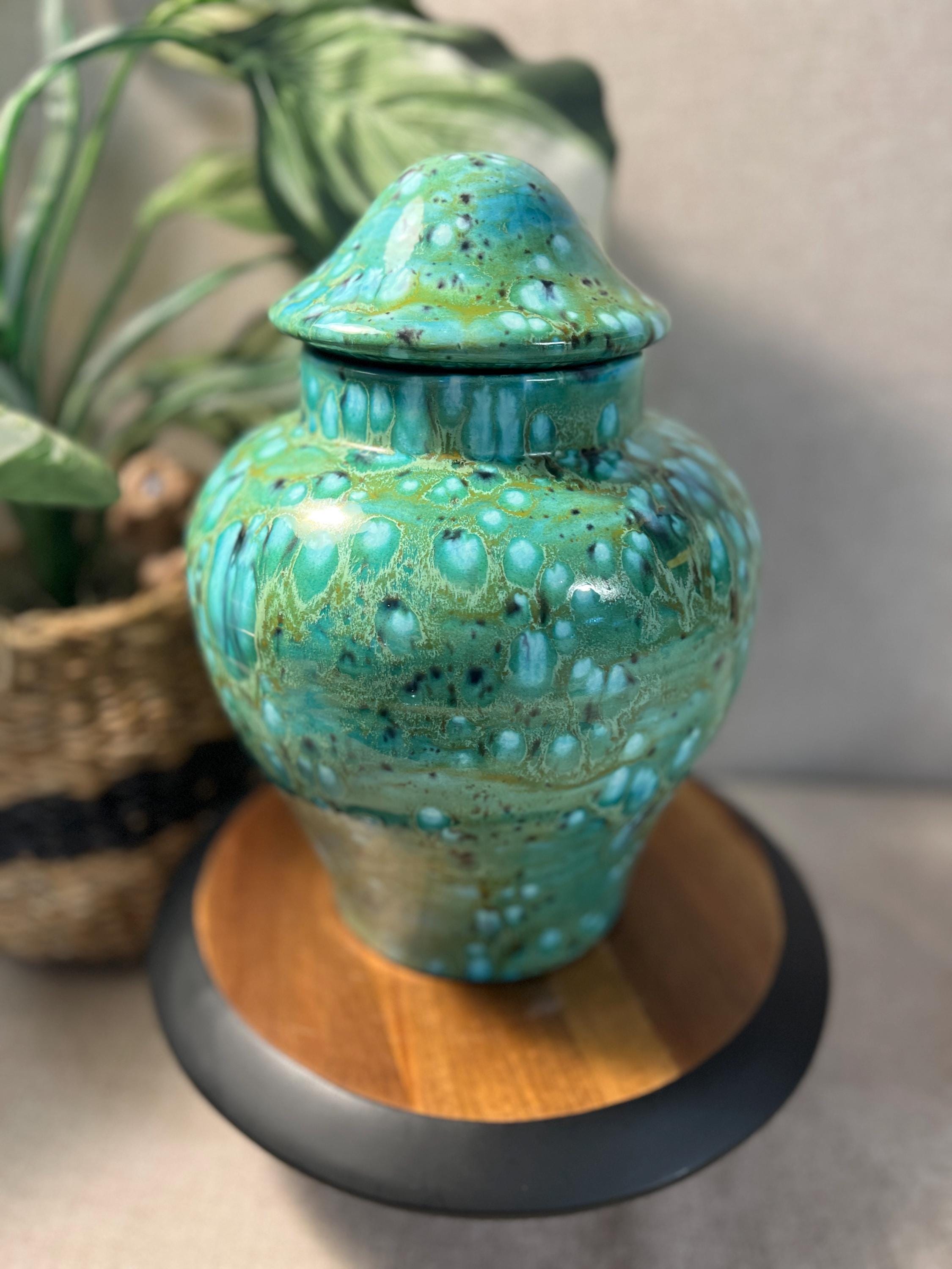 Hand painted by Virginia 1975 signed Green Aqua Vase Jar with Mushroom lid