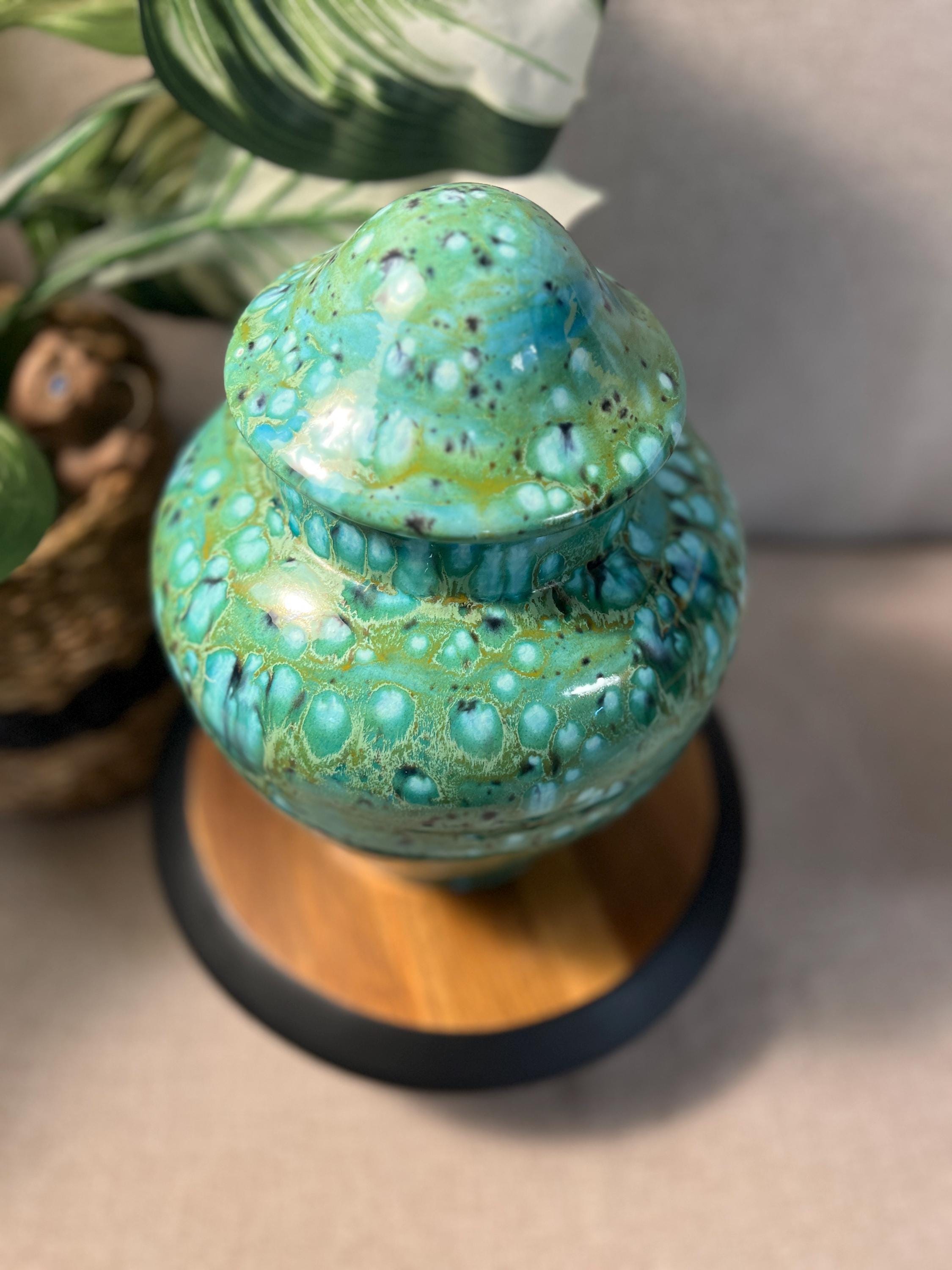 Hand painted by Virginia 1975 signed Green Aqua Vase Jar with Mushroom lid