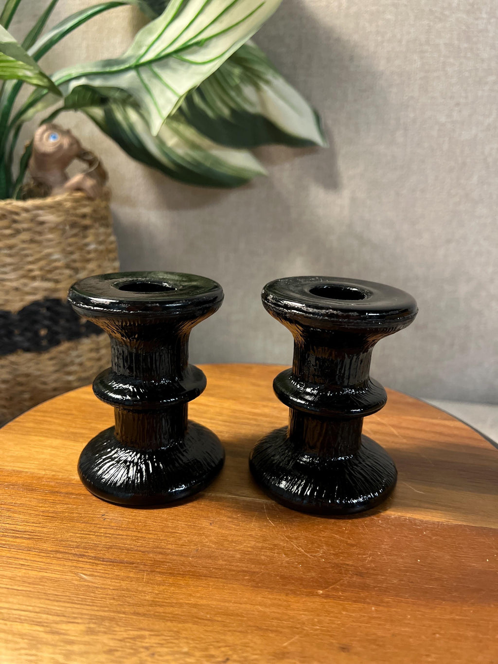 Set of 2 Indiana Glass Ice Tree Bark Candlesticks Black Glass lucites not included