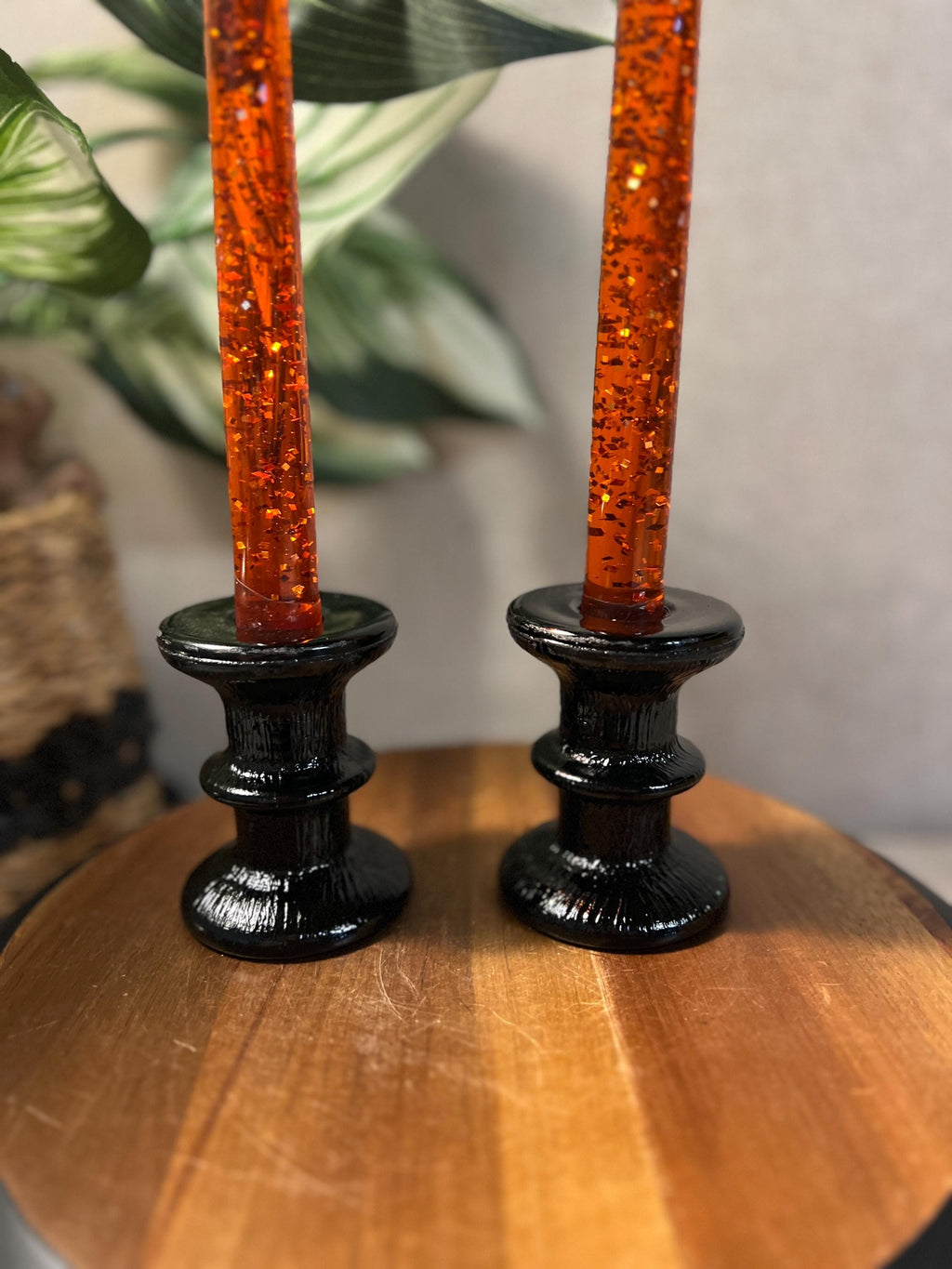 Set of 2 Indiana Glass Ice Tree Bark Candlesticks Black Glass lucites not included