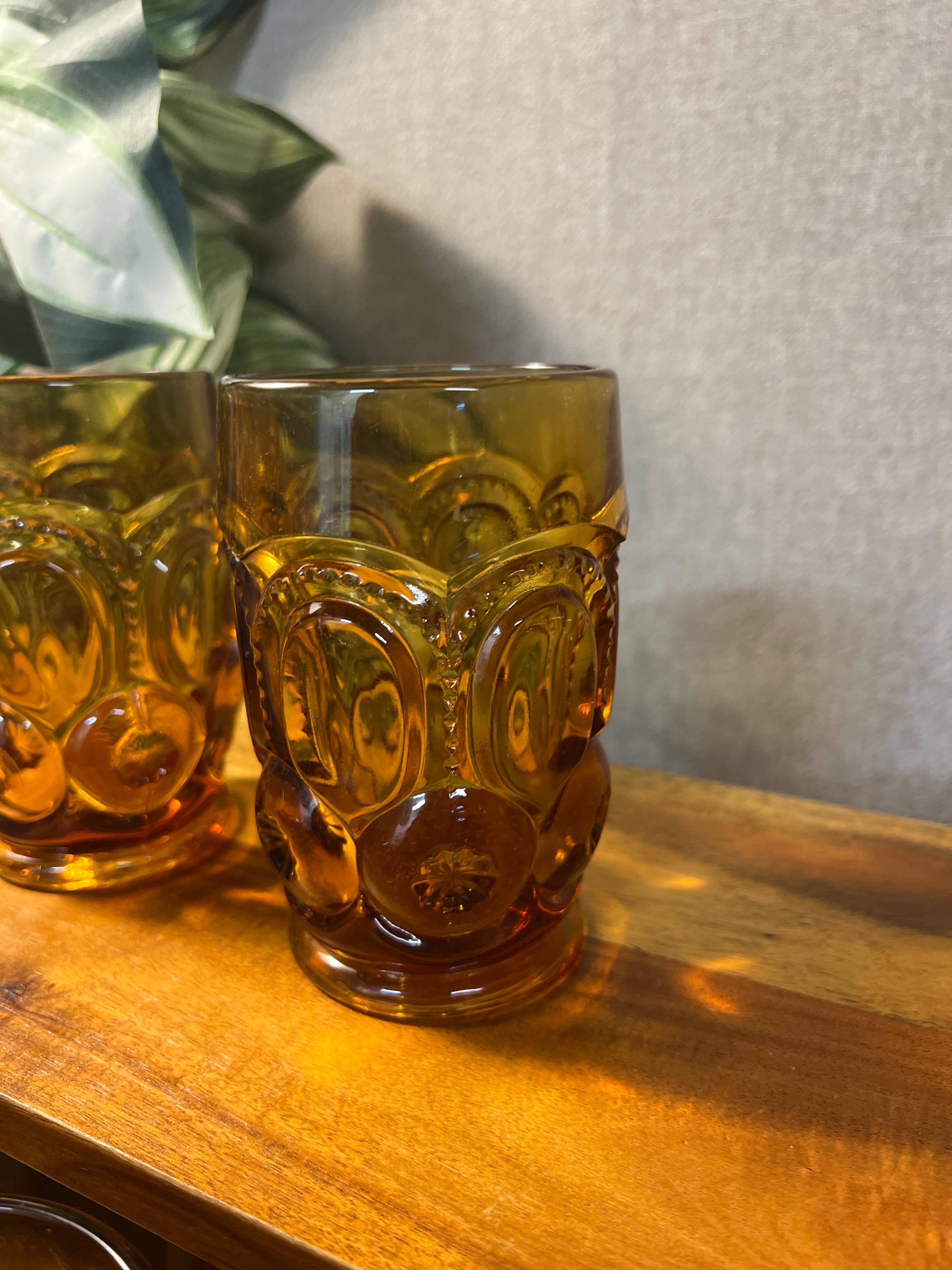 Set Of 4 L. E. Smith Moon And Stars Amber Water or Iced Tea Tumblers holds 11oz